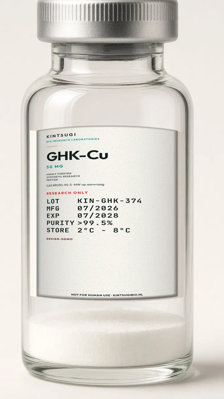 3 ml crimp-vial met het Ocean Teal etiket op het glas. GHK-Cu, 50 mg, LOT KIN-GHK-374, MFG 07/2026, EXP 07/2028. Research only, not for human use.