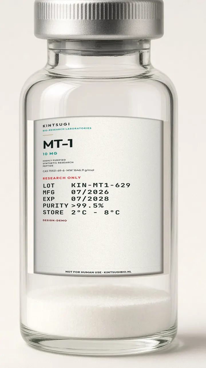 3 ml crimp-vial met het Ocean Teal etiket op het glas. MT-1, 10 mg, LOT KIN-MT1-629, MFG 07/2026, EXP 07/2028. Research only, not for human use.