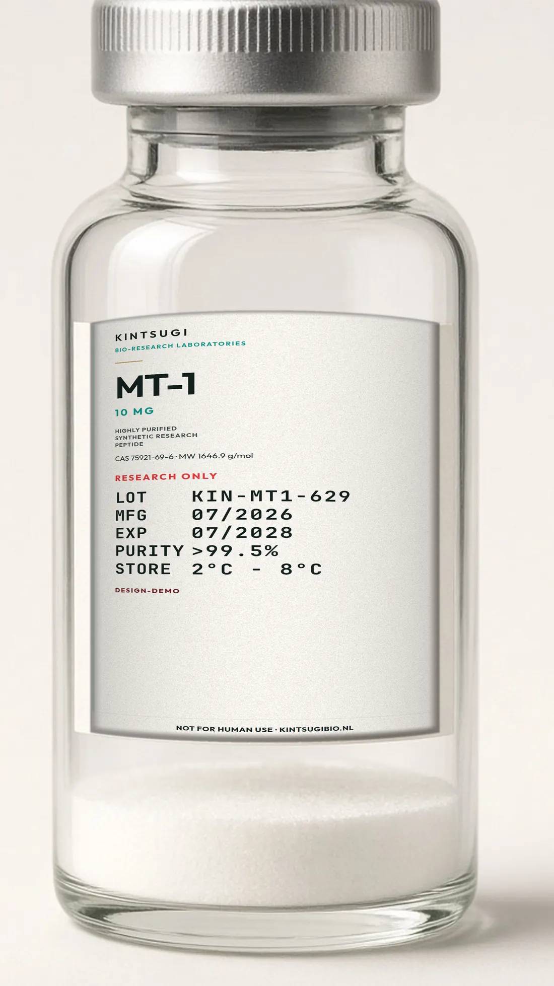 3 ml crimp-vial met het Ocean Teal etiket op het glas. MT-1, 10 mg, LOT KIN-MT1-629, MFG 07/2026, EXP 07/2028. Research only, not for human use.