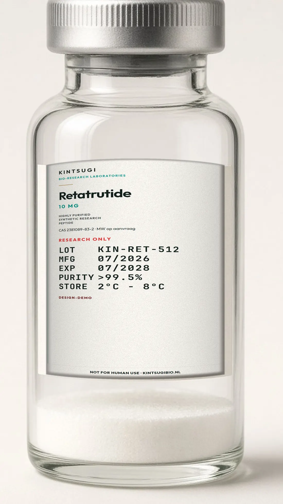 3 ml crimp-vial met het Ocean Teal etiket op het glas. Retatrutide, 10 mg, LOT KIN-RET-512, MFG 07/2026, EXP 07/2028. Research only, not for human use.