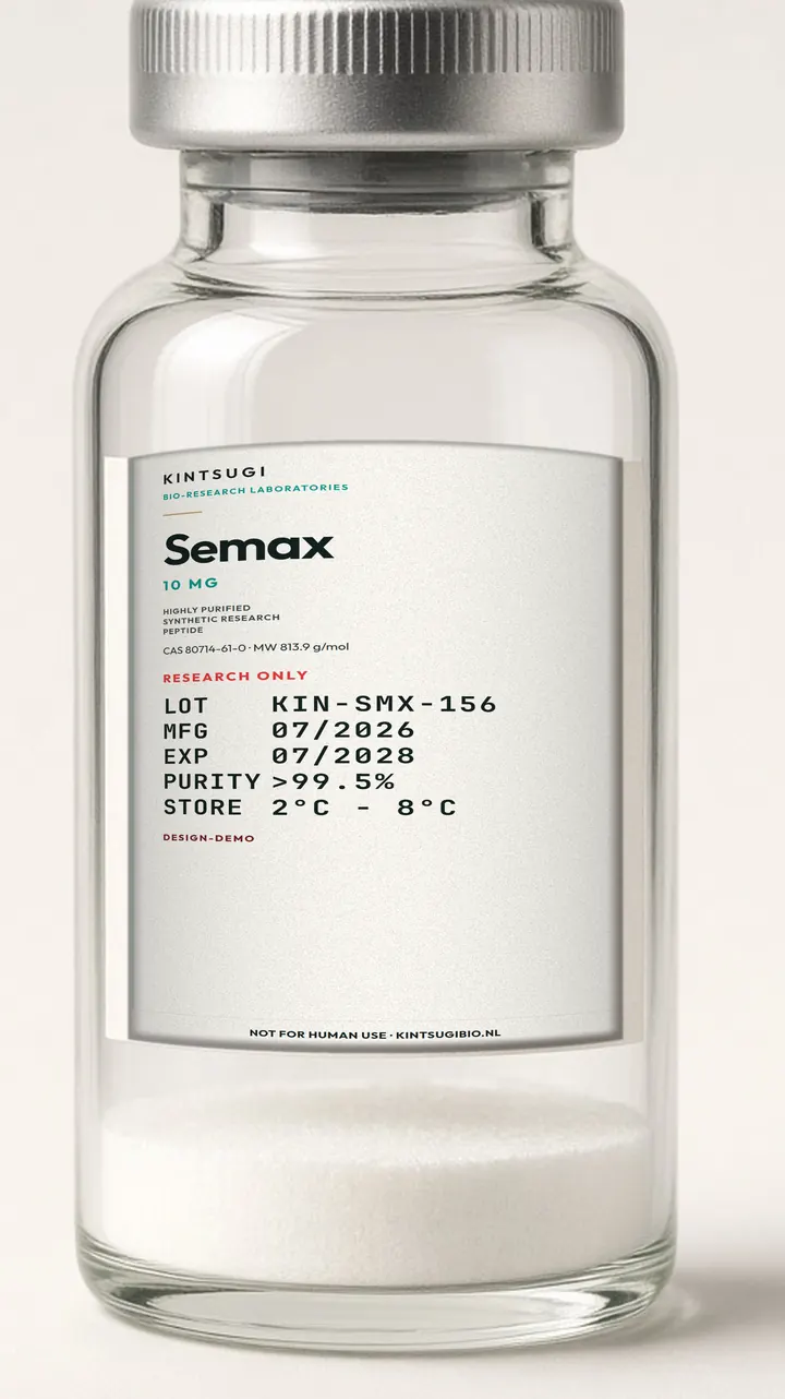 3 ml crimp-vial met het Ocean Teal etiket op het glas. Semax, 10 mg, LOT KIN-SMX-156, MFG 07/2026, EXP 07/2028. Research only, not for human use.