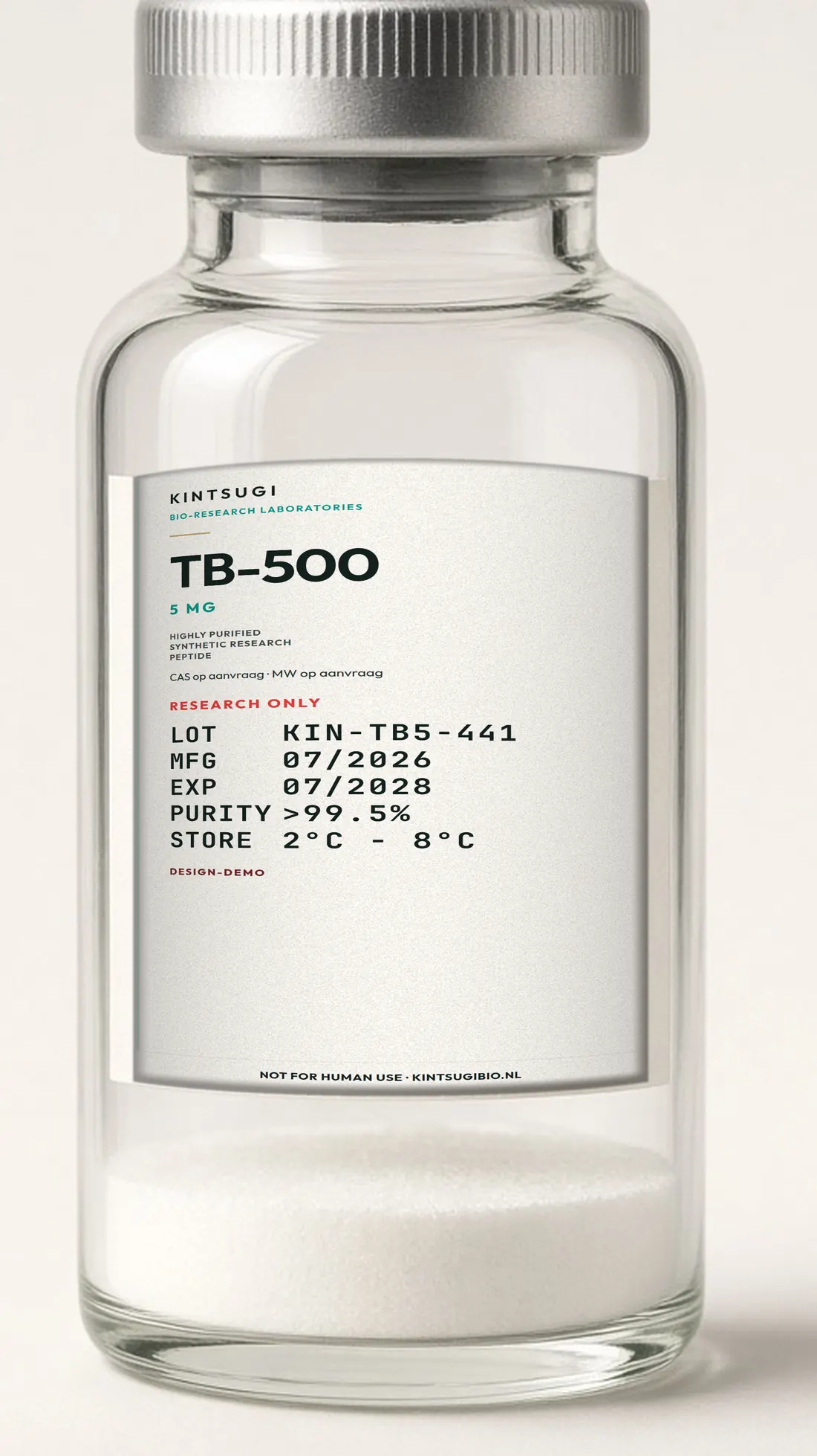 3 ml crimp-vial met het Ocean Teal etiket op het glas. TB-500, 5 mg, LOT KIN-TB5-441, MFG 07/2026, EXP 07/2028. Research only, not for human use.